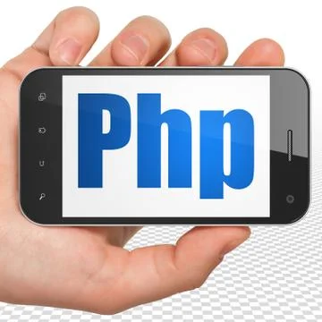 Database concept: Hand Holding Smartphone with Php on display Illustrazione stock