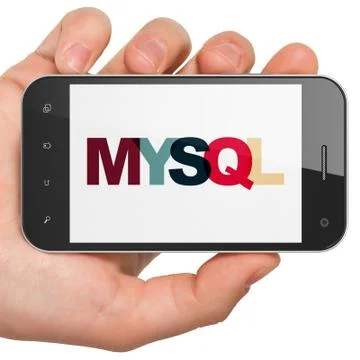 Database concept: Hand Holding Smartphone with MySQL on  display イラスト素材