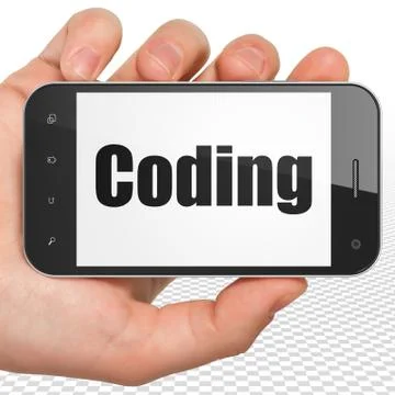 Database concept: Hand Holding Smartphone with Coding on display Illustrazione stock