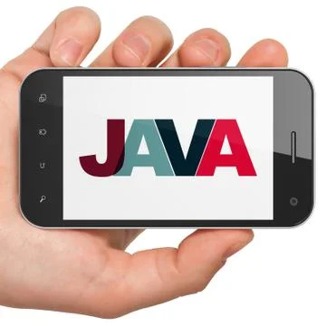 Database concept: Hand Holding Smartphone with Java on  display Illustrazione stock