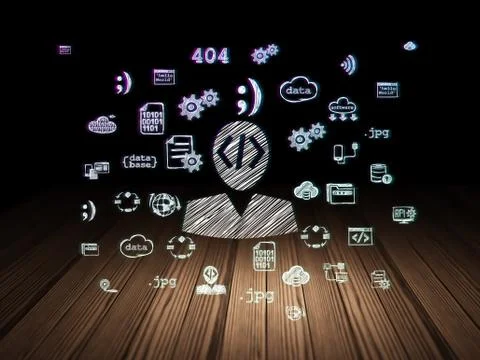 Database concept: Programmer in grunge dark room 库存插图