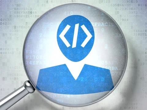 Database concept: Programmer with optical glass on digital background Stock Illustration