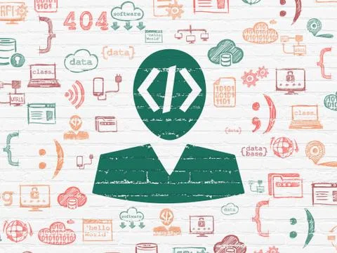 Database concept: Programmer on wall background 库存插图