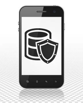 Database concept: Smartphone with Database With Shield on display Illustrazione stock