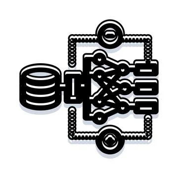 Database connecting to neural network processing data icon Illustrazione stock