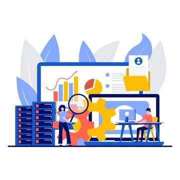 Database creative concept with tiny character. Team of coders programmers t.. イラスト素材