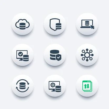 Database, data storage and security icons set 스톡 일러스트