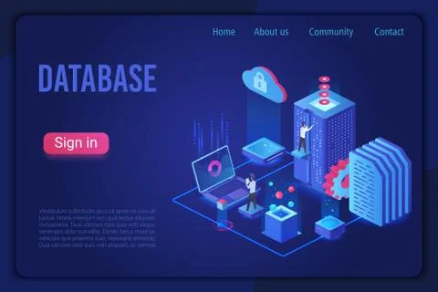 Database, data storage dark neon light isometric landing page vector template イラスト素材