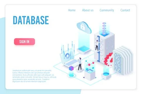 Database, data storage isometric landing page vector template Illustrazione stock