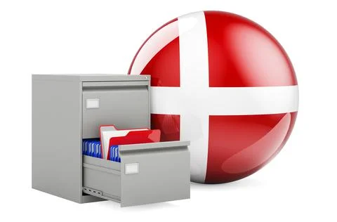 Database in Denmark, concept. Folders in filing cabinet with Danish flag, 3D  Stock Illustration