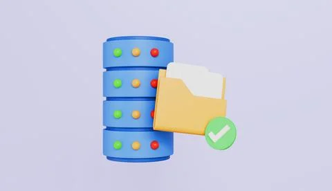 Database with document files and green check marks, storing data in database Stock Illustration