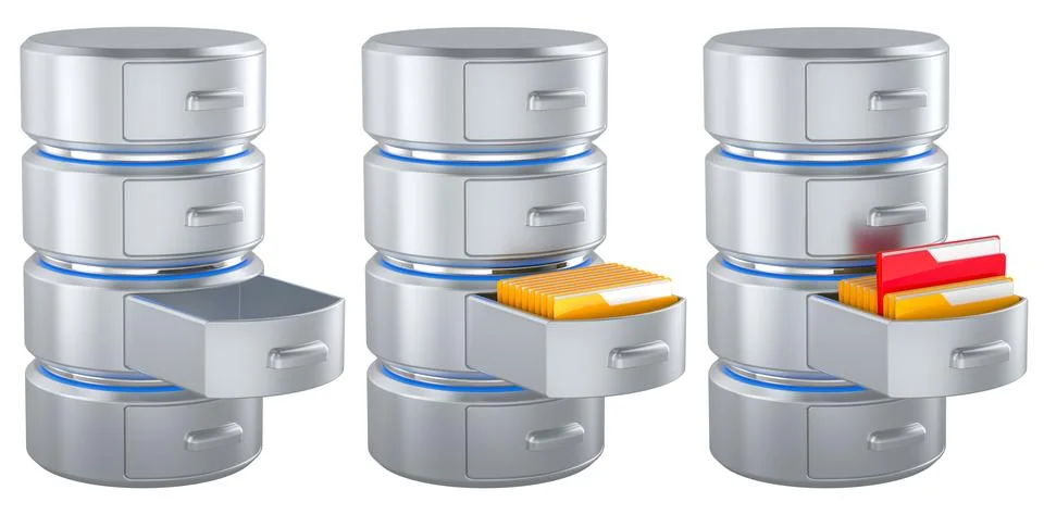 Database empty and databases with folders inside, 3D rendering Stock Illustration