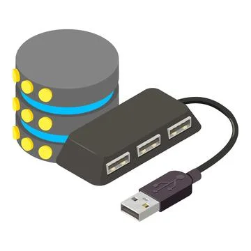 Database equipment icon isometric vector. Network database disc and usb splitter Stock Illustration