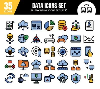 Database filled outline icons set.Data analysis, statistics,web signs.Vecto.. Stock Illustration
