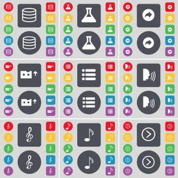 Database, Flask, Back, Cassette, List, Talk, Clef, Note, Arrow right icon symbol Stock Illustration