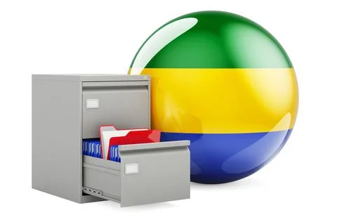 Database in Gabon, concept. Folders in filing cabinet with Gabonese flag, 3D  Stock Illustration