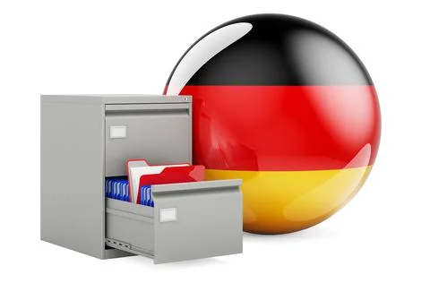 Database in Germany, concept. Folders in filing cabinet with German flag, 3D  Stock Illustration