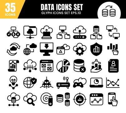 Database glyph icons set.Data analysis, statistics, analytics web signs.Vec.. Stock Illustration