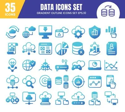 Database gradient icons set.Data analysis, statistics, analytics web signs .. Illustrazione stock