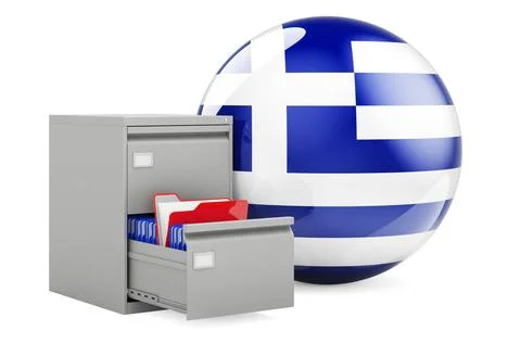 Database in Greece, concept. Folders in filing cabinet with Greek flag, 3D... 스톡 사진