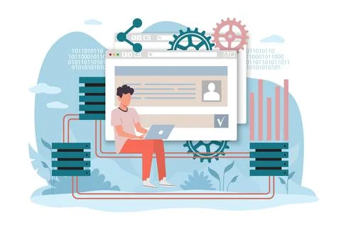 Database, hardware hosting, sharing disk space for file storage. Programmer with Illustrazione stock