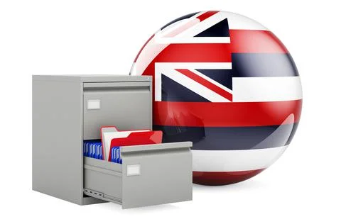 Database in Hawaii, concept. Folders in filing cabinet with Hawaiian flag, 3D Stock Illustration