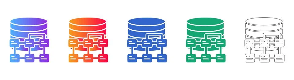 Database Hierarchy Network Icons in Gradient and Outline Styles Stock Illustration