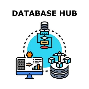 Database hub connecting, extracting, and processing information concepts Stock Illustration