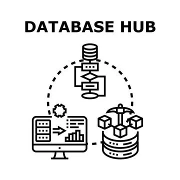 Database hub connecting, extracting, and processing information concepts Stock Illustration