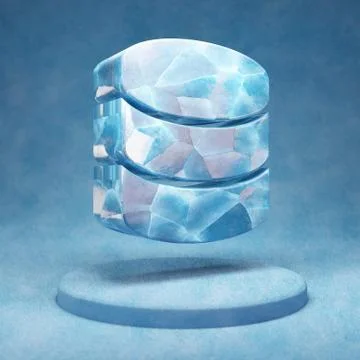 Database icon. Cracked blue Ice Database symbol on blue snow podium. Illustrazione stock