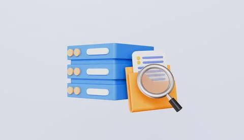 Database icon with a folder and magnifying glass, digital file storage system Stock Illustration