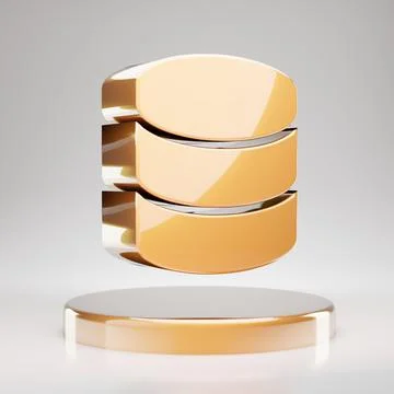 Database icon. Yellow Gold Database symbol on golden podium. イラスト素材