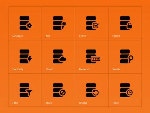 Database icons on orange background. Stock Illustration