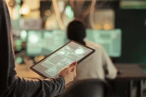 Database illegal access, successful computer system hacking on tablet Stock Photos