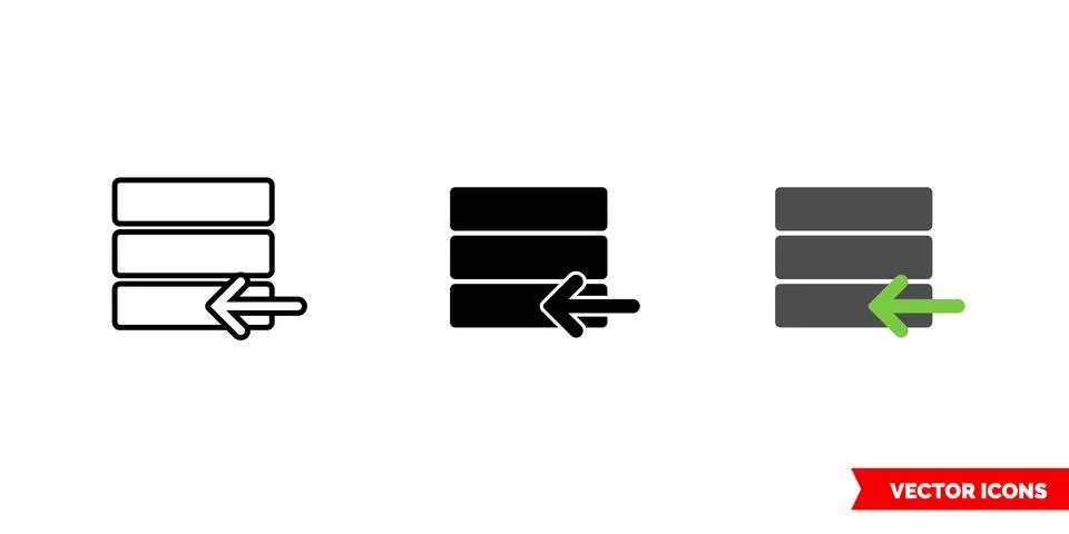 Database import icon of 3 types color, black and white, outline. Isolated vec Stock Illustration