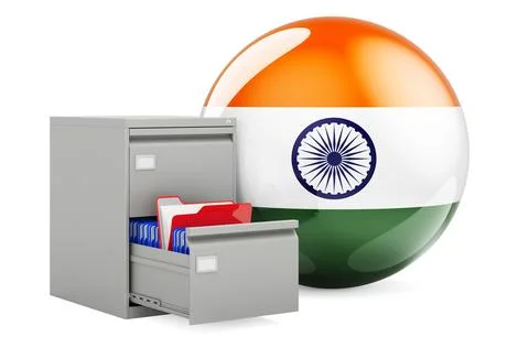 Database in India, concept. Folders in filing cabinet with Indian flag, 3D re Stock Illustration