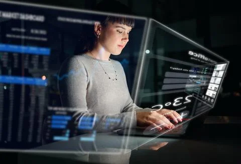 Database, information technology hologram or woman typing to research web design Stock Photos