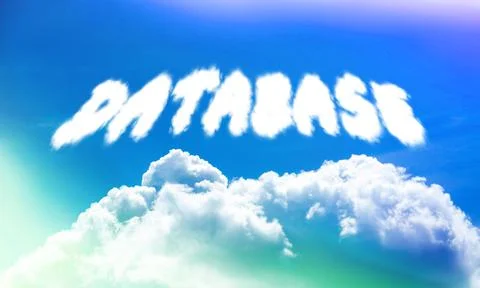 Database inscription in sky with clouds in bright rays of sun. Foto stock