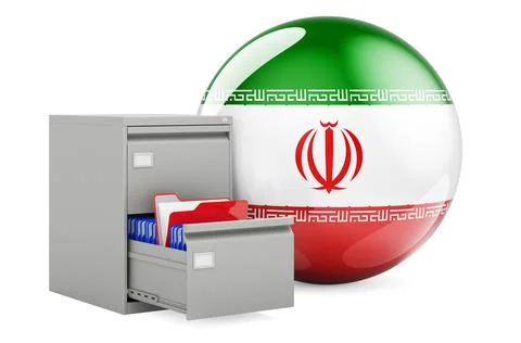 Database in Iran, concept. Folders in filing cabinet with Iranian flag, 3D re Stock Illustration