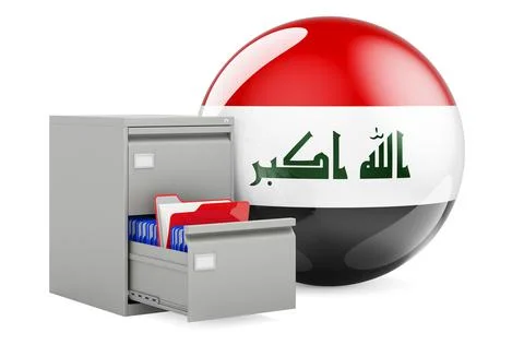 Database in Iraq, concept. Folders in filing cabinet with Iraqi flag, 3D rend Stock Illustration