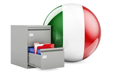 Database in Italy, concept. Folders in filing cabinet with Italian flag, 3D r Stock Illustration
