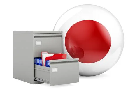 Database in Japan, concept. Folders in filing cabinet with Japanese flag, 3D  Stock Illustration