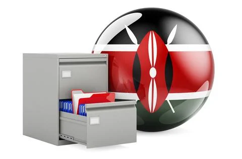 Database in Kenya, concept. Folders in filing cabinet with Kenyan flag, 3D re Stock Illustration