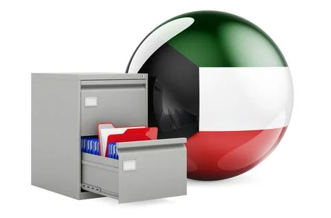 Database in Kuwait, concept. Folders in filing cabinet with Kuwaiti flag, 3D  Stock Illustration