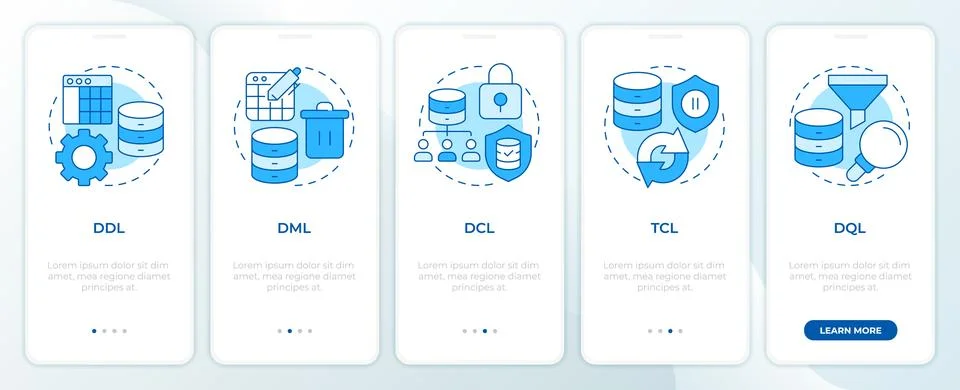 Database language varieties blue onboarding mobile app screen Stockillustratie