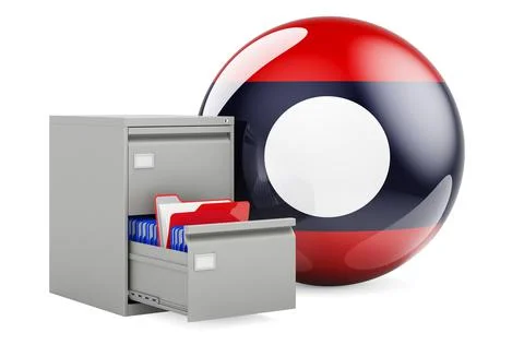Database in Laos, concept. Folders in filing cabinet with Laotian flag, 3D re Stock Illustration