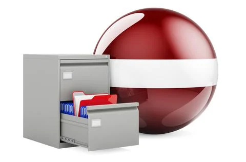 Database in Latvia, concept. Folders in filing cabinet with Latvian flag, 3D  Stock Illustration