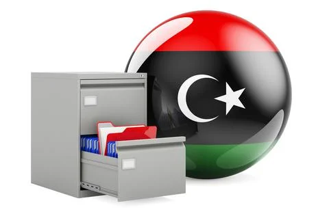 Database in Libya, concept. Folders in filing cabinet with Libyan flag, 3D re Stock Illustration