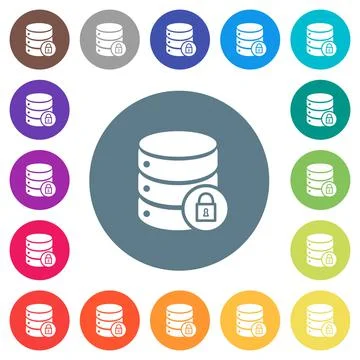 Database lock flat white icons on round color backgrounds Stock Illustration
