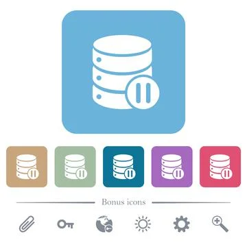 Database macro pause flat icons on color rounded square backgrounds Stockillustratie